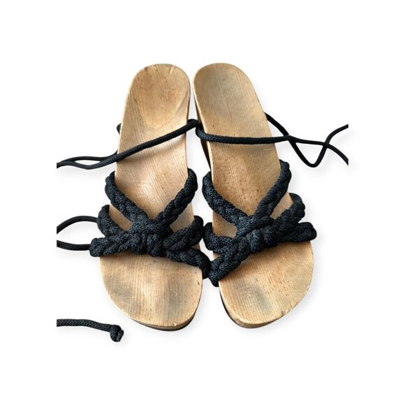 Vintage Wood Wedge Rope Sandals, Wrap Around Rope. Black - Picture 7 of 14